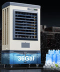Heavy Duty 6500 Cfm Portable Evaporative Swamp Cooler With 19 Gal Tank 120 Oscillation Auto Fill Blower Kickin That Summer Humidity For Patios Garages Workspaces And Job Sites 56 Inches Tall with 36-gallon tank.