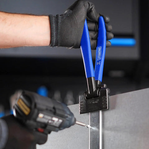 Sheet Metal Seamer Tong 3 Inch Straight Bender For DIY And Pros, a real pro grade tool in use on sheet metal edge.