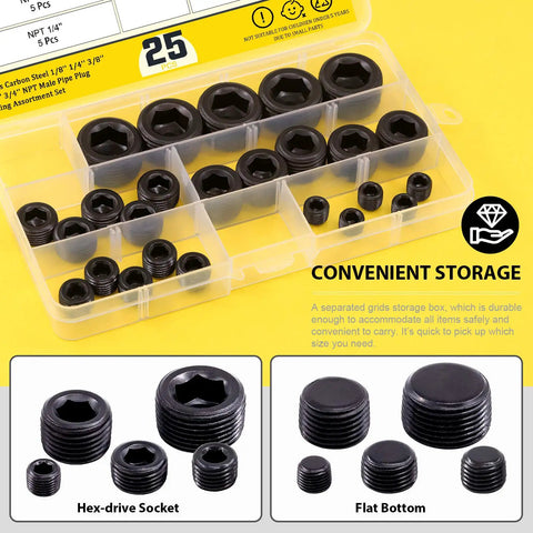 NPT Pipe Plug Set Pro Grade 25 Pieces, Carbon Steel Male Thread Plugs, Internal Allen Head in storage case, hex-drive, flat bottom