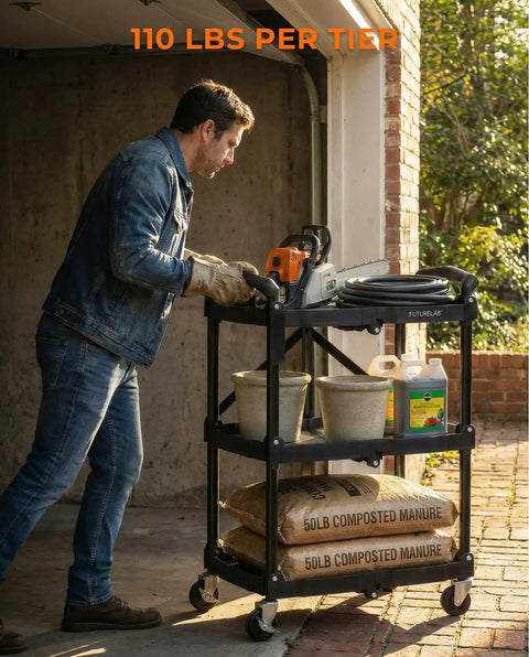 Man pushing Portable Folding Service Cart With Three Tiers, 330 Lbs Capacity, Rolling Utility Cart On Wheels loaded with bags