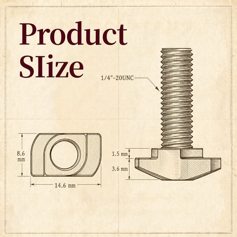 Technical drawing of Drop-In T-Slot Bolts Hardware Kit With 60 Pieces, Knobs And Washers For T-Track Aluminum Jigs And Fixtures