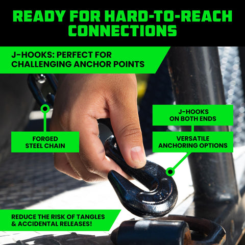 Hand securing J-hook of Heavy Duty 2 Inch By 8 Foot Car Tie Down Straps With J Hooks 4 Pack 10,000 Lb Break Strength For Trailers UTV