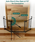 Heavy Duty Rock Solid Extra Wide Baby Gate With Foldable Metal Panels And Oversized Walk Through Door Expands To Fit Large Openings For Kids And Pets No Sweat Setup with auto-close feature at 90 degrees.