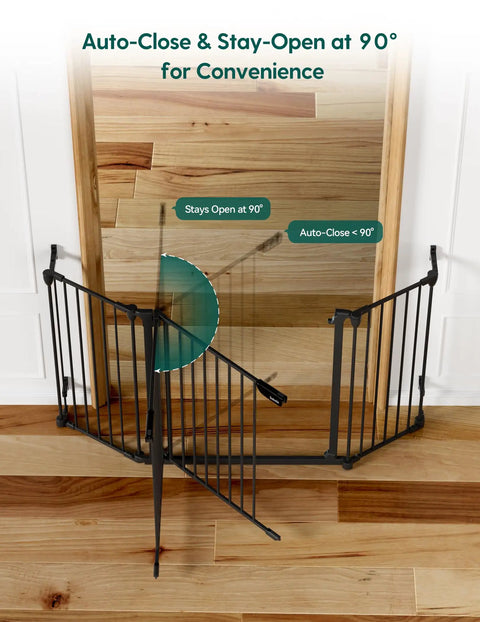 Heavy Duty Rock Solid Extra Wide Baby Gate With Foldable Metal Panels And Oversized Walk Through Door Expands To Fit Large Openings For Kids And Pets No Sweat Setup with auto-close feature at 90 degrees.
