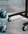 Close-up of 360-degree swivel casters on Rolling Work Table With Adjustable Height, Mobile Tool Cart For Drills And Bits Storage.