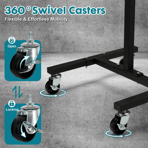 Close-up of 360-degree swivel casters on Rolling Work Table With Adjustable Height, Mobile Tool Cart For Drills And Bits Storage.