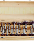 Pro Gear 15 Piece Carbide Tipped Forstner Bit Filler Set Features Beefy 3 8 Inch Hex Shanks in wooden storage box.