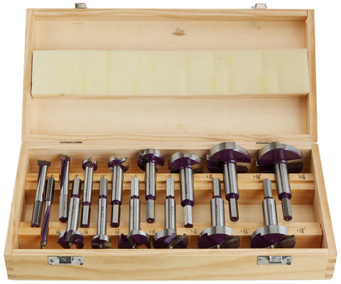 Pro Gear 15 Piece Carbide Tipped Forstner Bit Filler Set Features Beefy 3 8 Inch Hex Shanks in wooden storage box.
