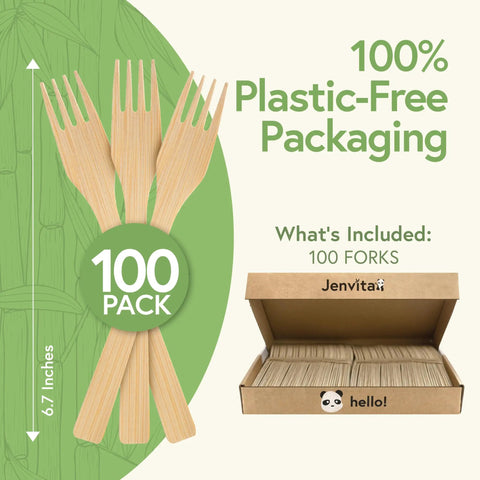 Real Deal Bamboo Forks Bulk Pack, 100 piece, 6.7 inch, plastic-free packaging for eco-friendly disposable cutlery.