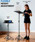 Woman adjusting Beefy 56 Inch Height Adjustable Projector Stand Tripod With 16 By 11 Inch Tray Portable Mount at home