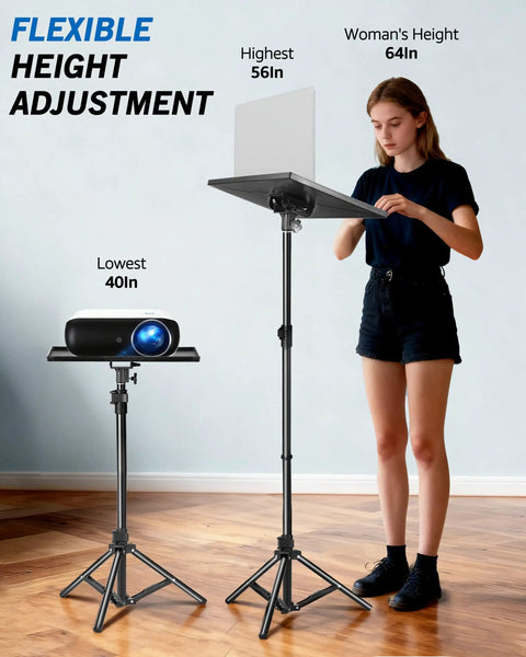 Woman adjusting Beefy 56 Inch Height Adjustable Projector Stand Tripod With 16 By 11 Inch Tray Portable Mount at home