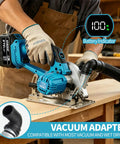 Heavy Duty 6 Inch Cordless Circular Saw With 21V Brushless Motor Dual 6Ah Battery Packs showing battery indicator and vacuum adapter.