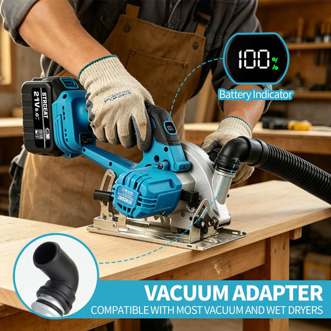 Heavy Duty 6 Inch Cordless Circular Saw With 21V Brushless Motor Dual 6Ah Battery Packs showing battery indicator and vacuum adapter.