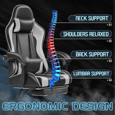 Gaming Chair With Footrest And Massage Lumbar Support, Ergonomic Computer Chair Showing Neck, Back, and Lumbar Support Features