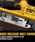 Close-up of the heavy duty 20V max cordless belt sander showing quick release belt change feature for easy sandpaper swaps.
