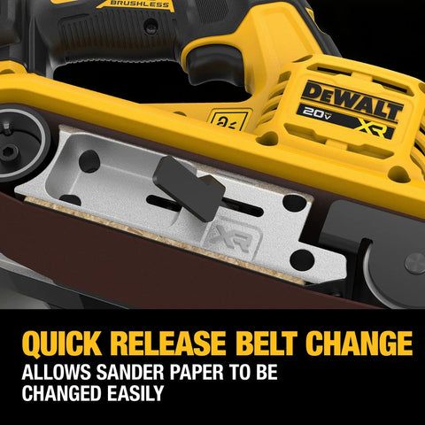 Close-up of the heavy duty 20V max cordless belt sander showing quick release belt change feature for easy sandpaper swaps.