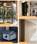 Collage of revolving doors and cabinet showcasing hotel entrance, living room, pet room, and storage solutions.