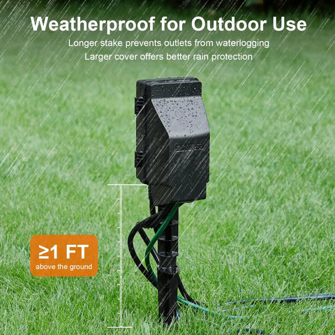 Heavy Duty Outdoor Power Stake With 7 Day Programmable Digital Timer for Landscape Lighting in rain on grass