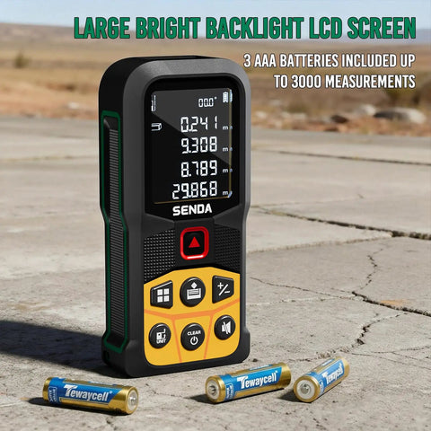 Pro Grade Laser Distance Meter With 197 Ft Range And LCD Backlit Display, One Sixteenth Inch Precision, DIY Friendly, Multi Unit Modes In Feet Inches Meters, 20 Data Storage, Pythagorean Distance Area And Volume, with LCD and 3 AAA batteries