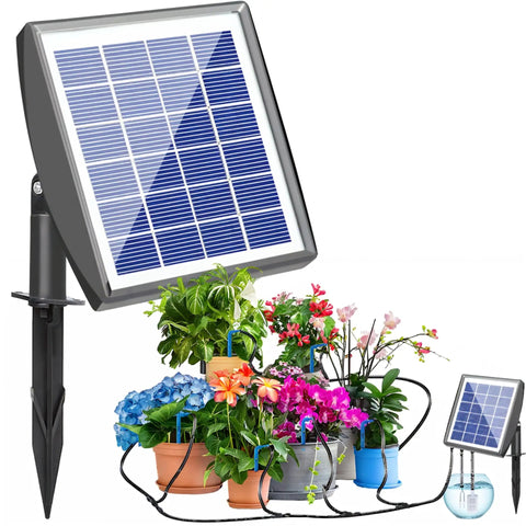 Solar Drip Irrigation Kit For Auto Plant Watering, 49Ft System With Anti Siphon Valve watering 15 potted plants.