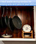 Beefy Heavy Duty Stainless Steel Ceiling Hooks Set With No Drill Wood Mount holds pots in kitchen cabinet