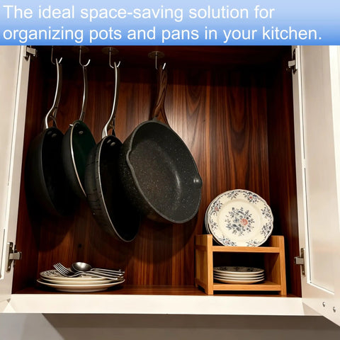 Beefy Heavy Duty Stainless Steel Ceiling Hooks Set With No Drill Wood Mount holds pots in kitchen cabinet