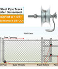 Diagram showing five inch steel pipe track gate rollers for one and five eighth inch gate frame, with installation details.