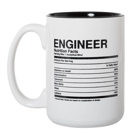 Funny Owl Engineer Coffee Mug Gift For Civil Software Mechanical And Electrical Engineers Great For Work Or Graduation, Birthday, Or White Elephant, A Nerdy Cup With Real Engineer Humor featuring engineer nutrition facts and design on a 15oz ceramic mug.
