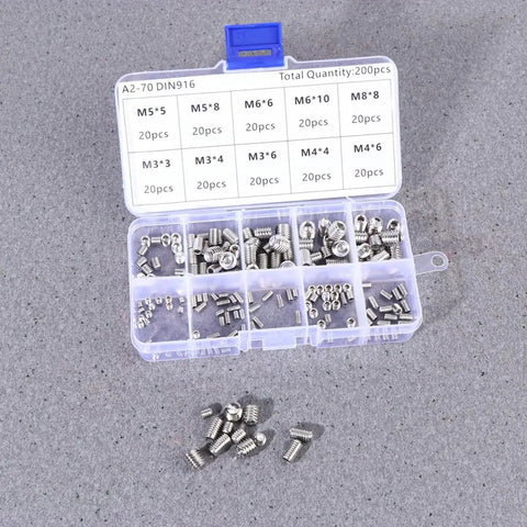 Must Have Industrial Fasteners Kit With 200 Pcs Stainless Steel Headless Grub Screws, Flat Point Set Screws M8 And M5 In Metric Thread, Hex Socket, Locating Pulleys And Locks In Place, Heavy Duty Machinery Fasteners, open case