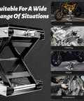 Motorcycle jack, 1500 lb capacity, black steel scissor lift with thick rubber pad and carrying handle.
