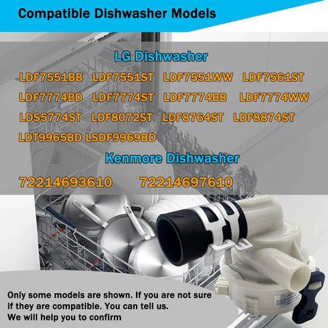 Dishwasher Drain Pump Assembly Replacement Fits LG Dishwashers And Kenmore Models Includes Case Assembly And 10 Year Warranty For Easy Install Direct Replacement With No Tools For Quick DIY Fix alongside compatible dishwasher models.