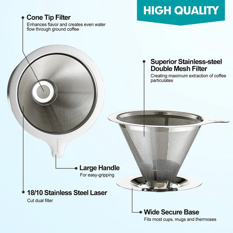 Pour Over Coffee Dripper With Double Mesh Stainless Steel Cone Filter for Single Cup Brew No Paper Filters Needed Slow Drip