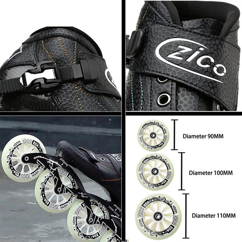 Carbon Fiber Inline Speed Skates With 3x110mm Blue PU Wheels, ABEC-9 Bearings Ultra-Rigid Chassis.