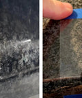 Demonstration of Epoxy Repair Kit for Countertops Rebuilds Chips and Cracks in Granite Marble Porcelain Quartz Tile and More Dries in 29 Minutes Tintable with EZ Tint Quick Set for a Durable Seamless Finish in use fixing a granite countertop.