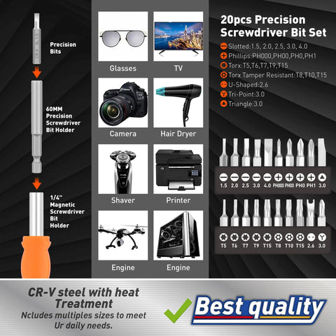 258 Piece Ultimate Screwdriver Bit Set With Chrome Vanadium Bits Security Bits Nut Drivers Extensions And Bit Holder Includes Case For Home DIY And Professional Use, showcasing precision bits and diverse applications like glasses and cameras.