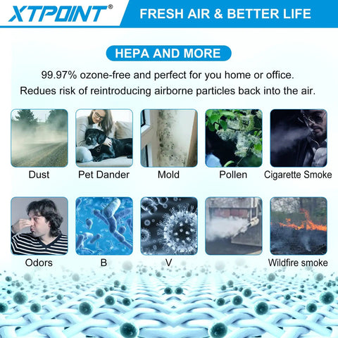 Infographic displaying 99.97% air purification efficiency with images of dust, pet dander, mold, pollen, and cigarette smoke.