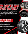 Graphic explaining importance of proper tire repair with failed tire patches and air leaks due to low-quality cement.