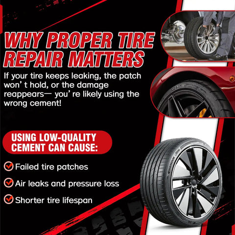 Graphic explaining importance of proper tire repair with failed tire patches and air leaks due to low-quality cement.