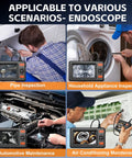 1920P HD Dual Lens Borescope Camera With Light And 4 Point 3 Inch LCD Screen in four inspection scenarios: pipe, appliance, automotive, air conditioning.