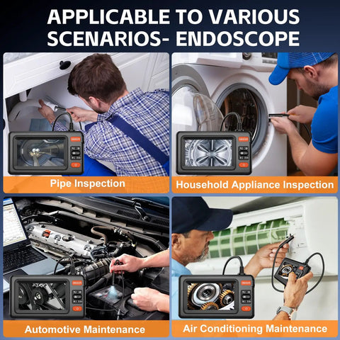1920P HD Dual Lens Borescope Camera With Light And 4 Point 3 Inch LCD Screen in four inspection scenarios: pipe, appliance, automotive, air conditioning.