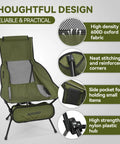 Lightweight Folding High Back Camping Chair with Head Support in green, showing fabric, stitching, pocket, and hub details.