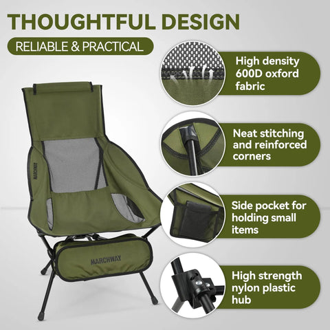 Lightweight Folding High Back Camping Chair with Head Support in green, showing fabric, stitching, pocket, and hub details.