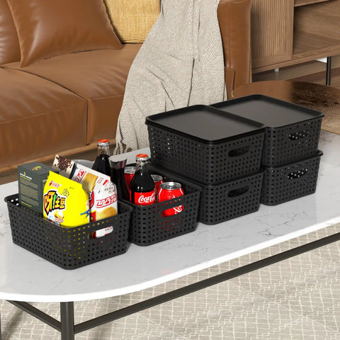 Six Pack Plastic Storage Baskets With Lids For Easy Organization, Stackable Ventilated Bins BPA Free Durable Black Storage Containers