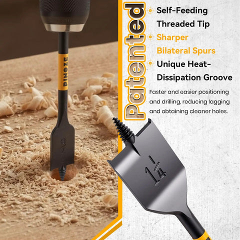 Heavy Duty 14 Piece Spade Drill Bit Set With Six Inch Quick Load Extension. Close-up of self-feeding threaded tip on a wood surface.