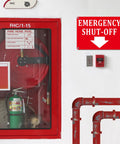 2 Pack Aluminum Emergency Shut Off Sign With Down Arrow Reflective Weatherproof Rust Free Safety Sign on wall next to fire hose