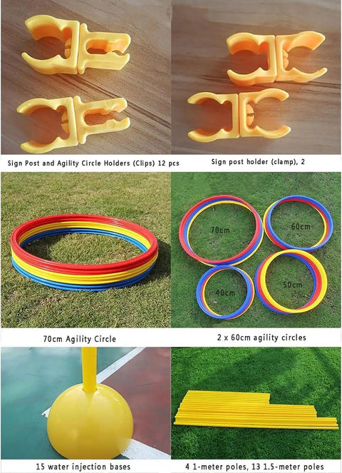 Components of Drone Racing Obstacle Course Kit For Practice And Training, including hoop holders and various agility circles.