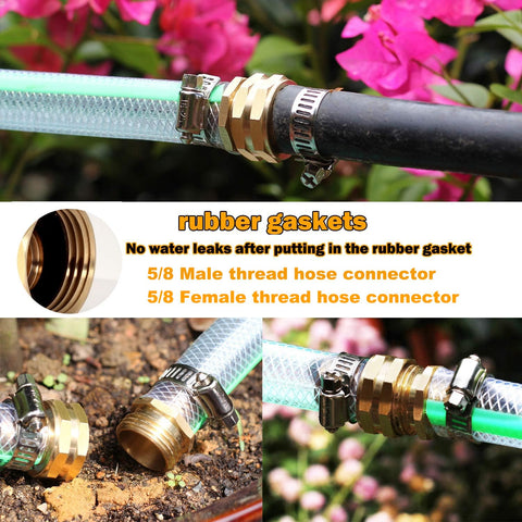 Garden Hose Repair Kit With Brass Barbed Fittings And Clamps For Quick Fixes DIY Friendly Includes Two Male And Two Female Ends Five Eighth Inch Barb Size Stainless Clamps And Extra Washers For Easy Install And Leak Free Connection shown in use connecting hoses with flower background.