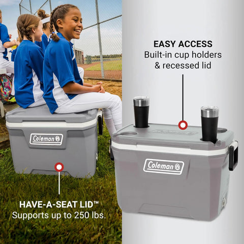 Classic Series Insulated Portable Cooler With Leak Resistant Build Keeps Ice For Days in use as a seat during a sports event.
