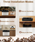 Automatic Electric Espresso Portafilter Cleaner With Triple Scrapers And Rotary Brush For Quick Puck Dumping installation modes on countertop, bar counter, and door.