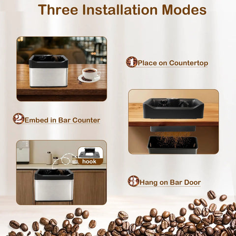 Automatic Electric Espresso Portafilter Cleaner With Triple Scrapers And Rotary Brush For Quick Puck Dumping installation modes on countertop, bar counter, and door.